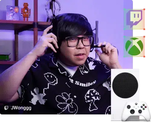 Streamer jwongg removing a headset with an xbox in front