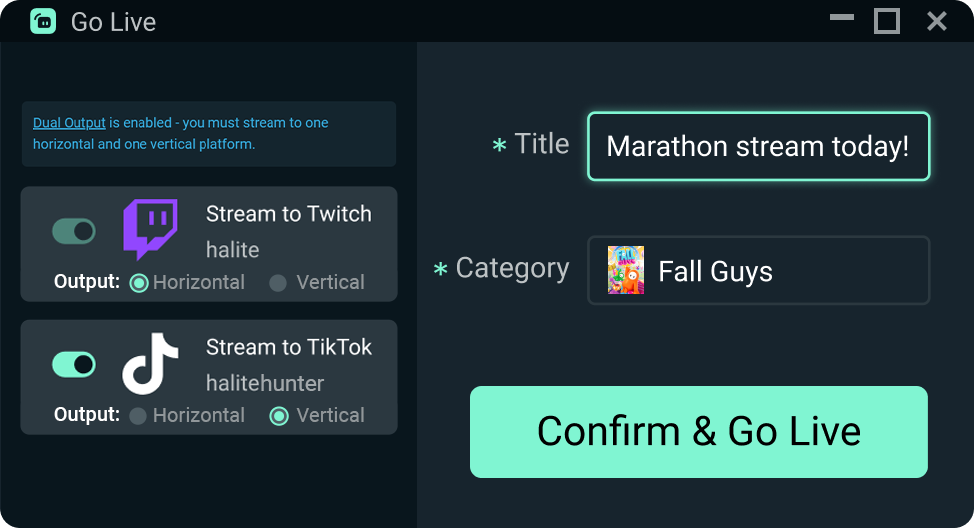 Image of Streamlabs Desktop user interface where a user sets up multistream to more than one streaming platform. The image shows creator Halite's tags and a toggle "on" for the TikTok and Twitch platforms.