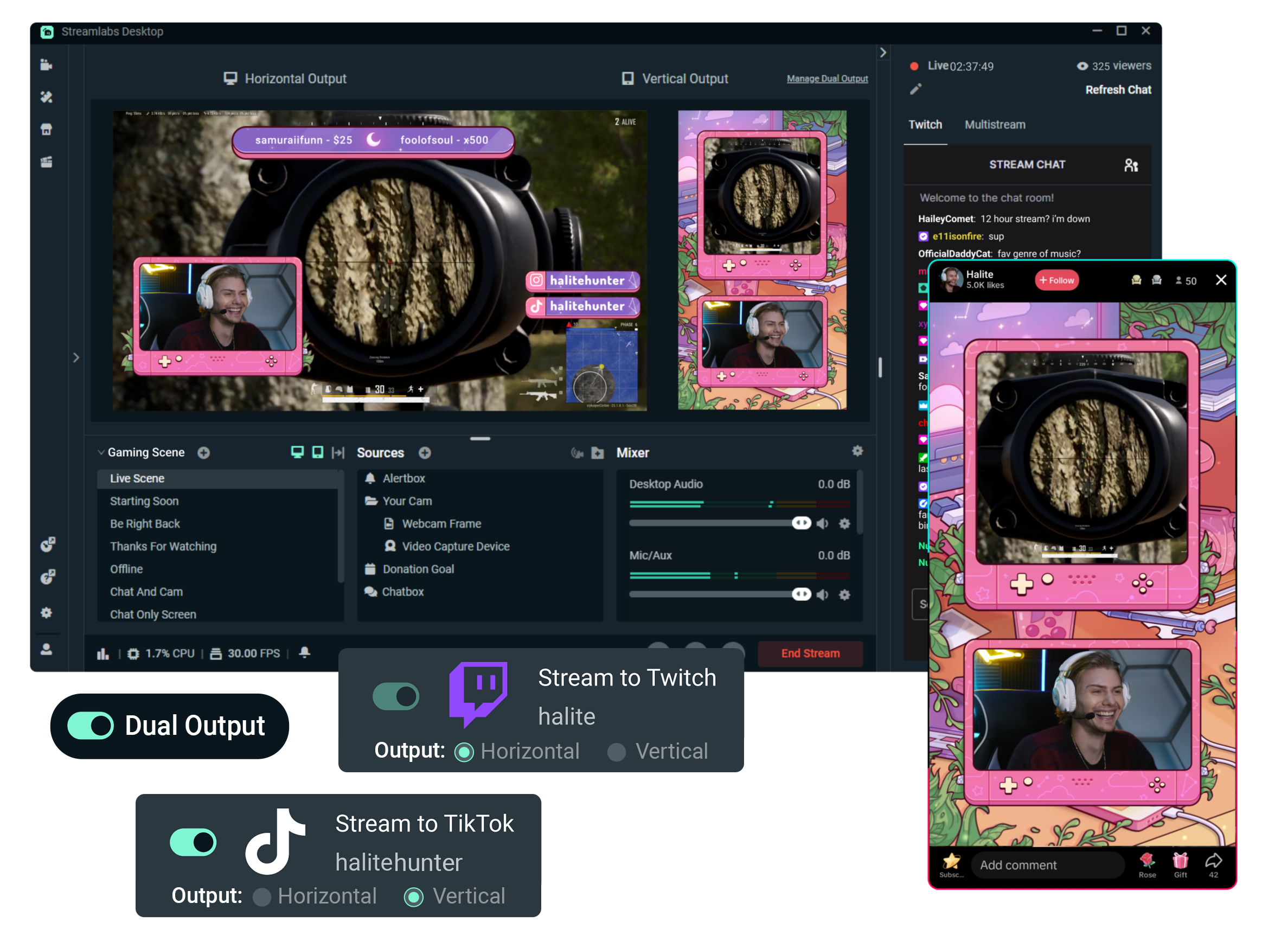 Image of OBS user interface featuring the creator Halite using the Streamlabs Dual Output feature to stream to multiple horizontal and vertical platforms.