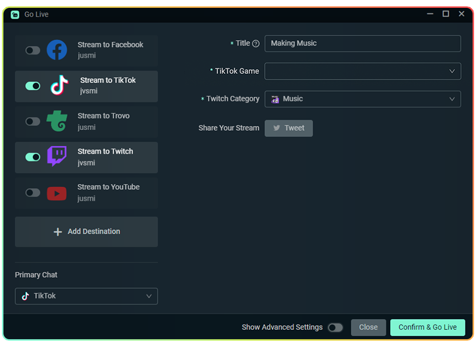 Image of Streamlabs Desktop user interface where a user sets up multistream to more than one streaming platform. The image shows creator Halite's tags and a toggle "on" for the TikTok and Twitch platforms.
