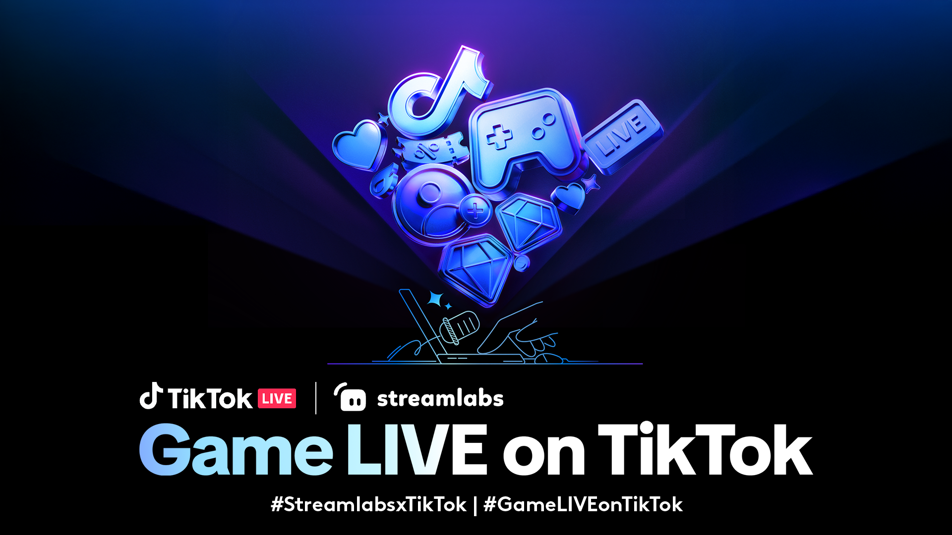 TikTok and Streamlabs logos with various gaming icons, funneling into an image of a person's hand touching their computer trackpad with a microphone in front of them. Game LIVE on TiKTok is the title on the image, with the hashtags #StreamlabsxTikTok and #GameLIVEonTikTok